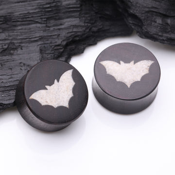 Detail View 1 of A Pair of Crystal Quartz Bat Inlay Ebony Wood Double Flared Ear Gauge Plug